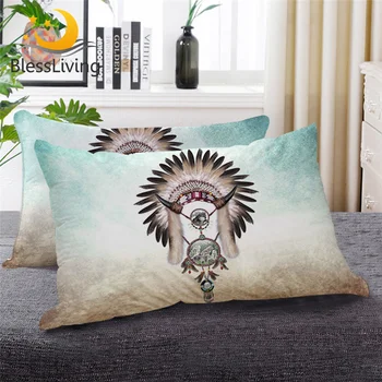 BlessLiving Wolf Circles Sleeping Pillow Feather Beads Down Alternative Body Pillow Gray Teal Western Bedding 1pc 1