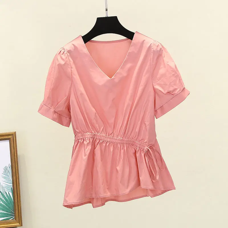 

Waist drawcord V-neck short sleeve shirt femininity foreign style 2021 new high-end white t-shirt P3 364
