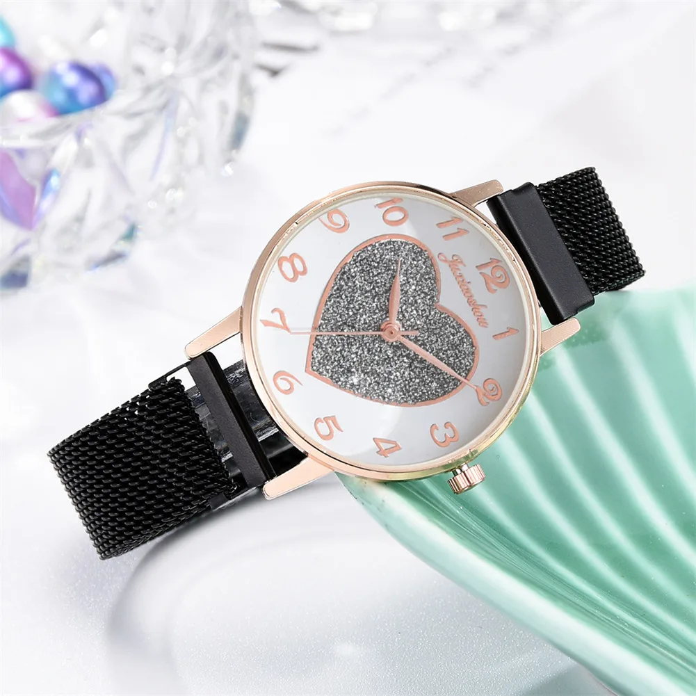 

Модные кварцевые часы со стальным сетчатым ремешком с сердечком и круглым циферблатом, простые повседневные часы для женщин и девочек, SEC88