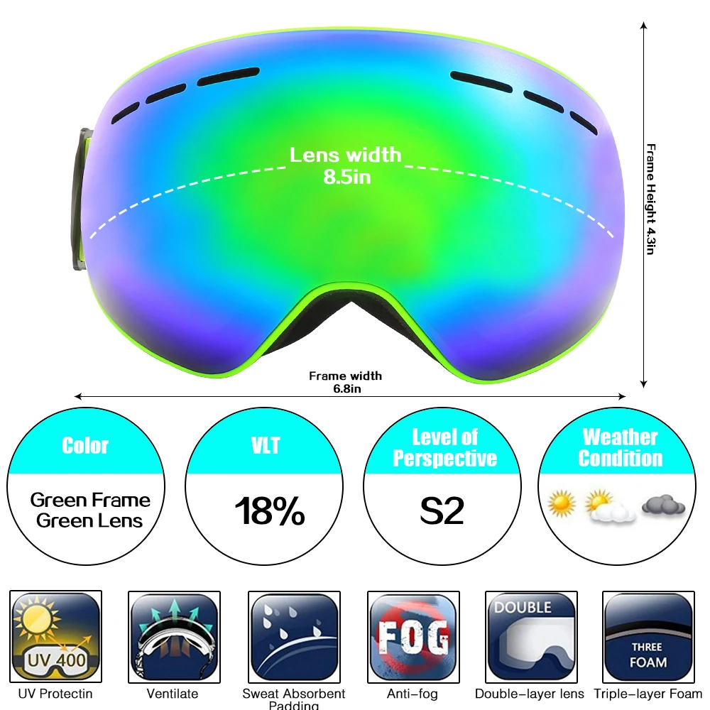 GreenFrameGreenLENS Jiepolly лыжные очки с анти-туманными магнитными линзами сферическая Лыжная маска с большим видением очки лыжные очки для катания на коньках для женщин и мужчин - Цвет: GreenFrameGreenLENS
