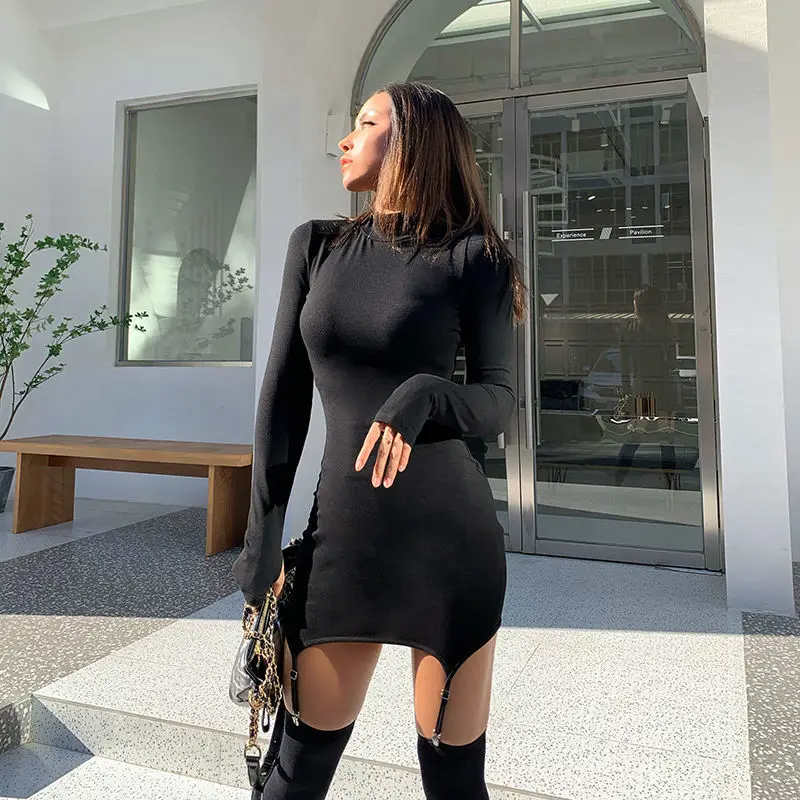

Stylish Long-sleeved Button-down Dress 2021 Spring Slim Design Feel Bag Hip Skirt
