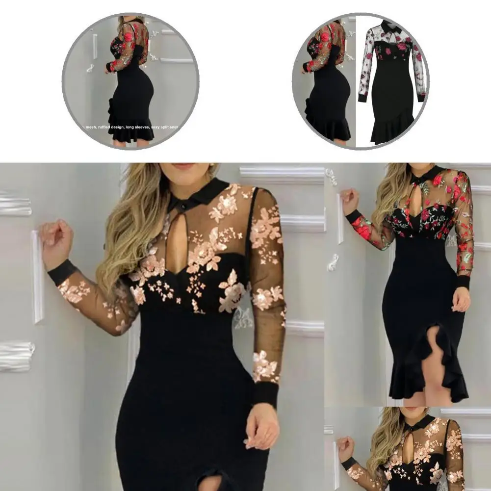

Bodycon Dress Embroidery Temperament Net Yarn Ruffles Hem Flower Pattern Dress