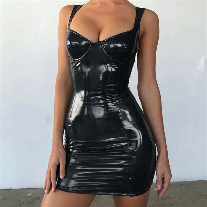 Sexy Backless Club Party Short Dress Solid Black Latex Bodycon Faux Leather Push Up Bra Mini Leotard Sleeveless Strap NEW | Женская