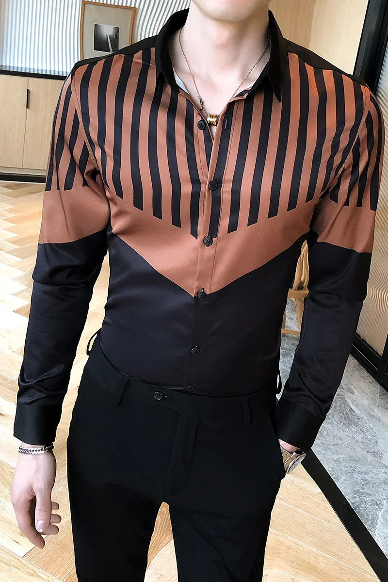 

British Style Fashion Patchwork Color Long Sleeve Striped Shirts For Men Clothing 2021 Simple Slim Fit Casual Office Blouses 3XL