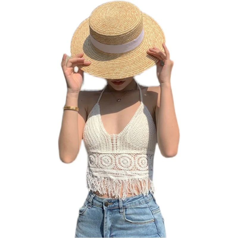 

Woven Vest Women's Design Outer Wear Seaside Beauty Back Halter Lace-up White Chest Pad Top