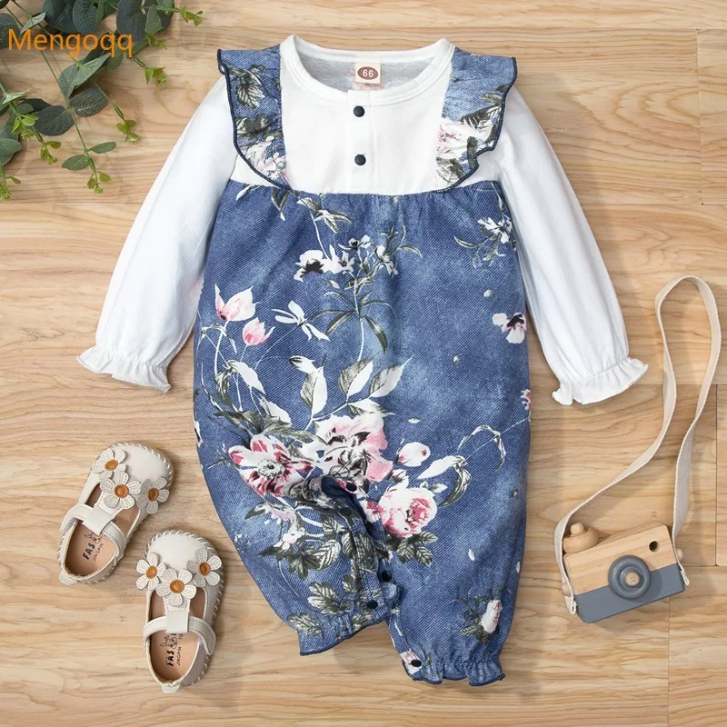 

Infant Girls Spring Patchwork Ruched Flower Outfits Kids Jumpsuits Princess Casual Overalls Toddler Pure Cotton Romper 3-18M