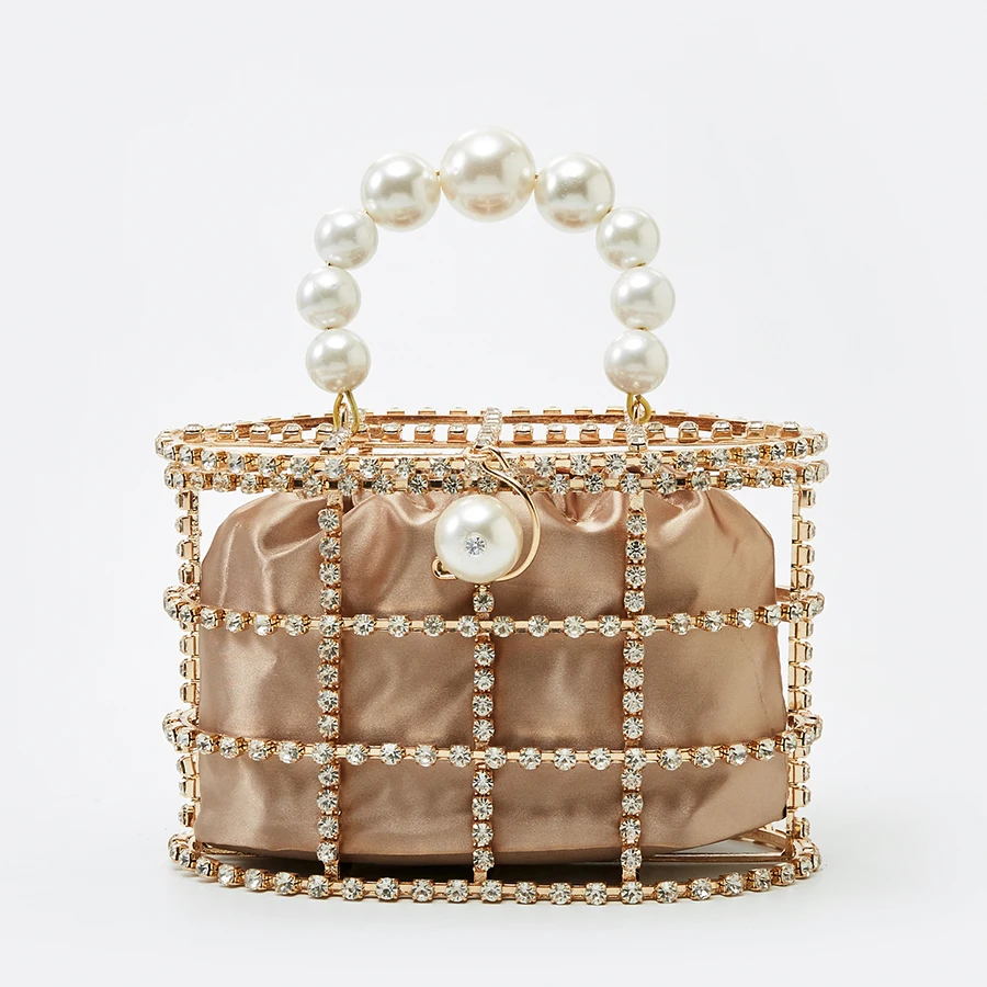 Женская вечерняя сумка клатч с жемчужной корзиной летняя металлическими