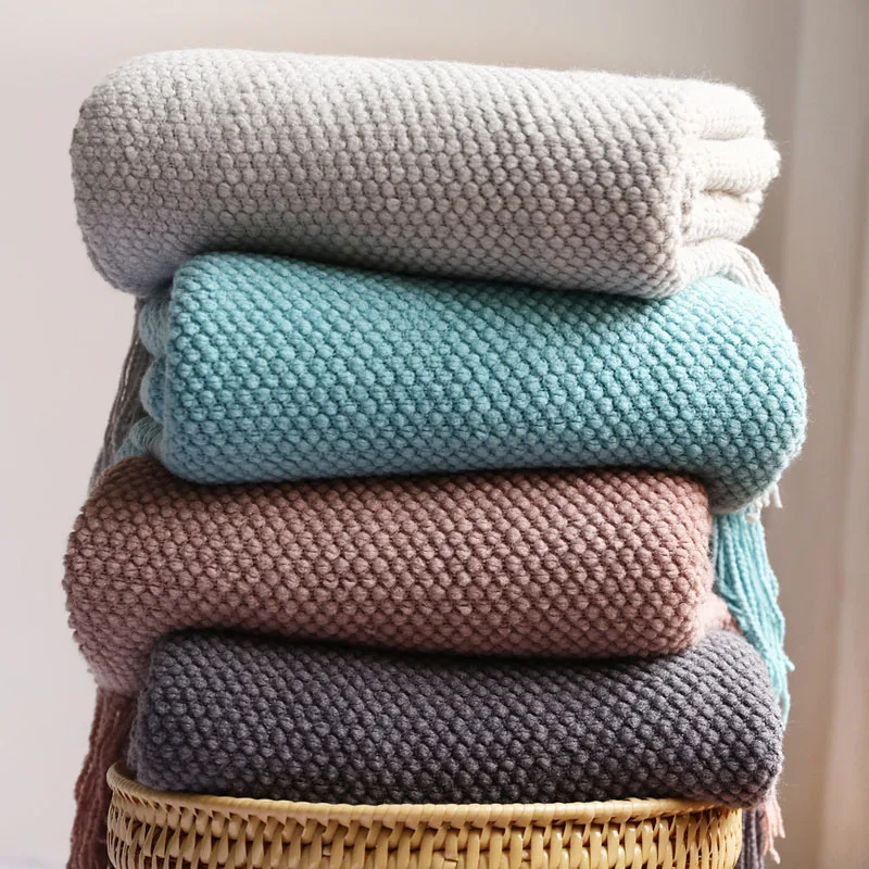 Вязаное одеяло зимнее утолщенное толстое из нитей s для кровати дивана серый