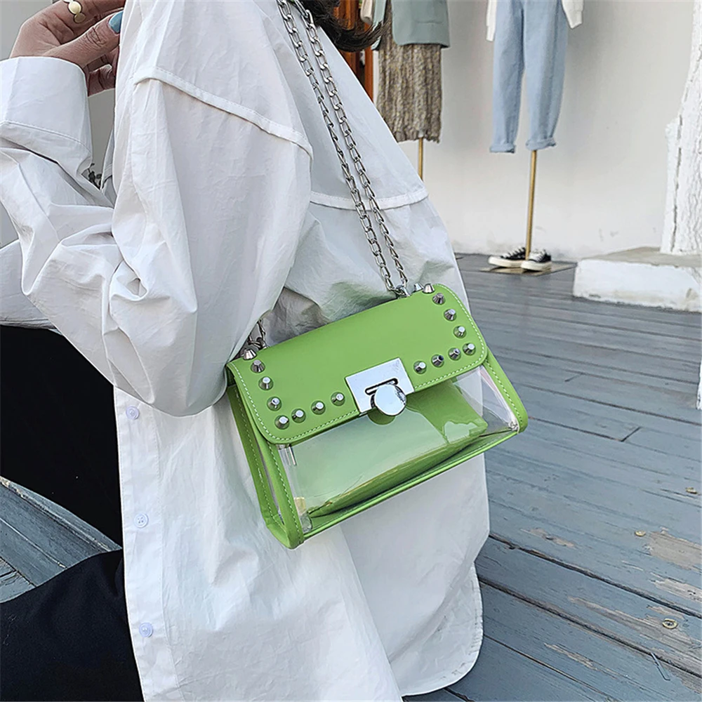 

2020 Women's Bag Trend Rivet PU Chain Beach Casual Transparent Crossbody Bag for Women Patchwork Lady Shoulder Bolsas De Mujer