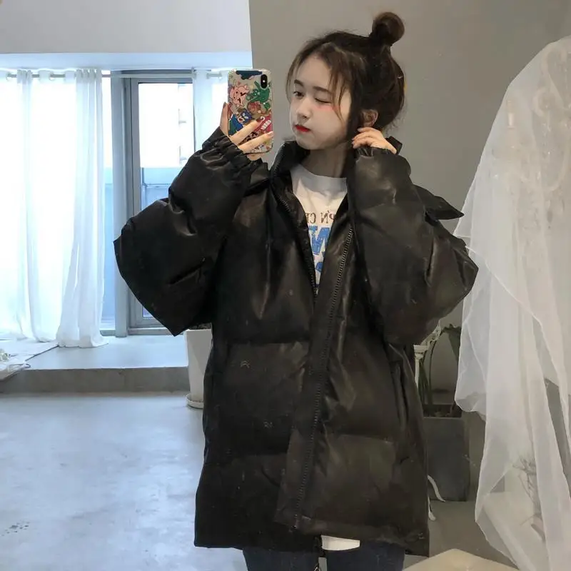 

Cotton clothes women's ins new mid long hooded hand stuffed cotton thickened coat women's Korean loose student PU skin cotton