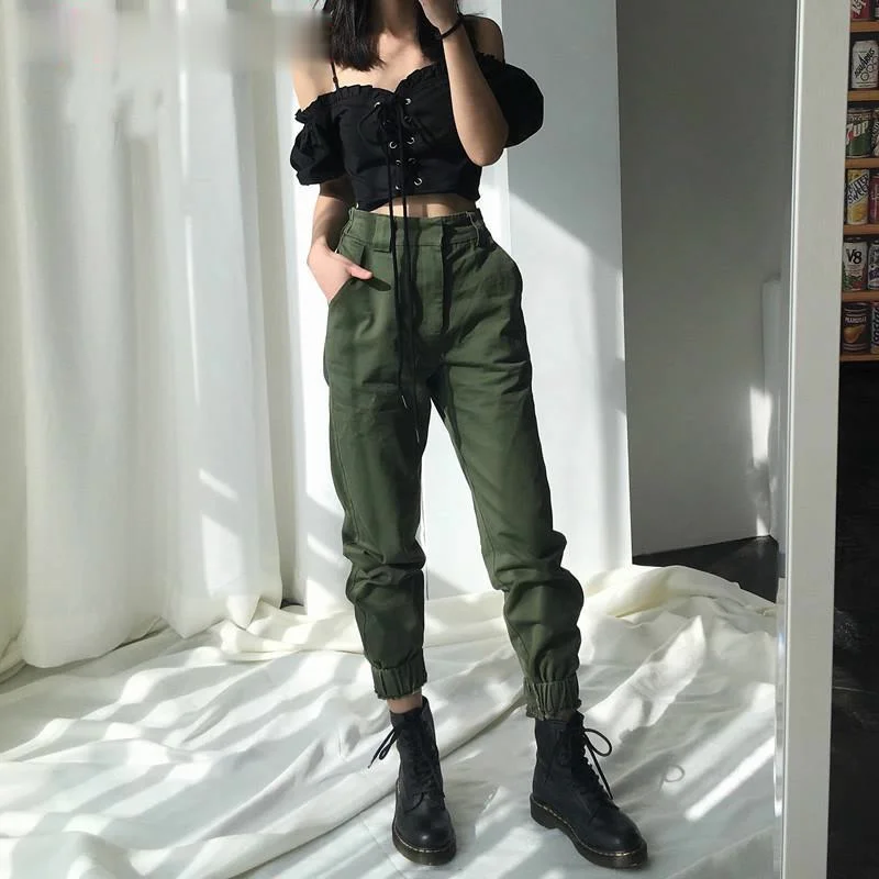 

Zoulv Women Army Harem Camo Pants Punk Black Cargo Pants Women Capris Trousers High Waist Pants Autumn Camouflage Loose Joggers