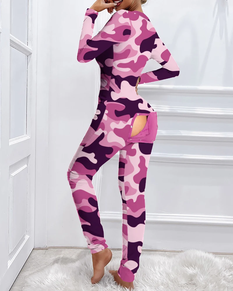 

2021 New Style Women's Functional Buttoned Flap Camouflage Printed Adults Pajamas Suit Homewear Femme Detachable Jumpsuits