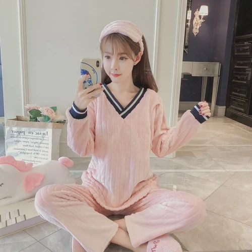 8806-8pink Пижамный костюм для беременных; фланелевая зимняя домашняя одежда в Корейском стиле; коралловый Бархатный комплект одежды для беременных; теплый пижамный комплект с длинными рукавами для кормящих - Цвет: 8806-8pink
