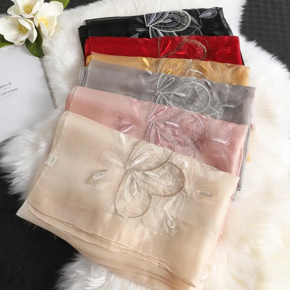 Fashion Real Silk Wool Scarf Floral Embroidery For Women 2022 Winter Scarves Shawls Hijab Wraps Pashmina Bandana Hijab Poncho