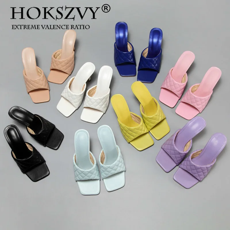 

HOKSVZY 2021 Summer Women's Shoes Candy Color Fashion High Heels Checkered High-heeled Sandals Open-toed Sandals for Women CGB