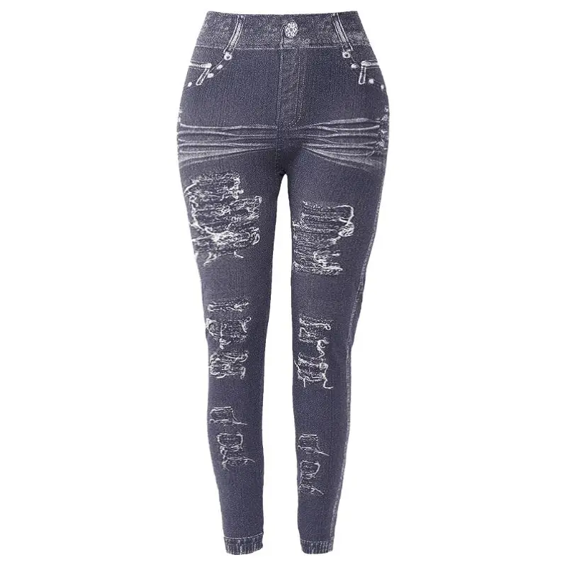 

Slim Women Leggings Faux Denim Jeans Ripped Printing Seamless Pencil Pants S-3XL U50C