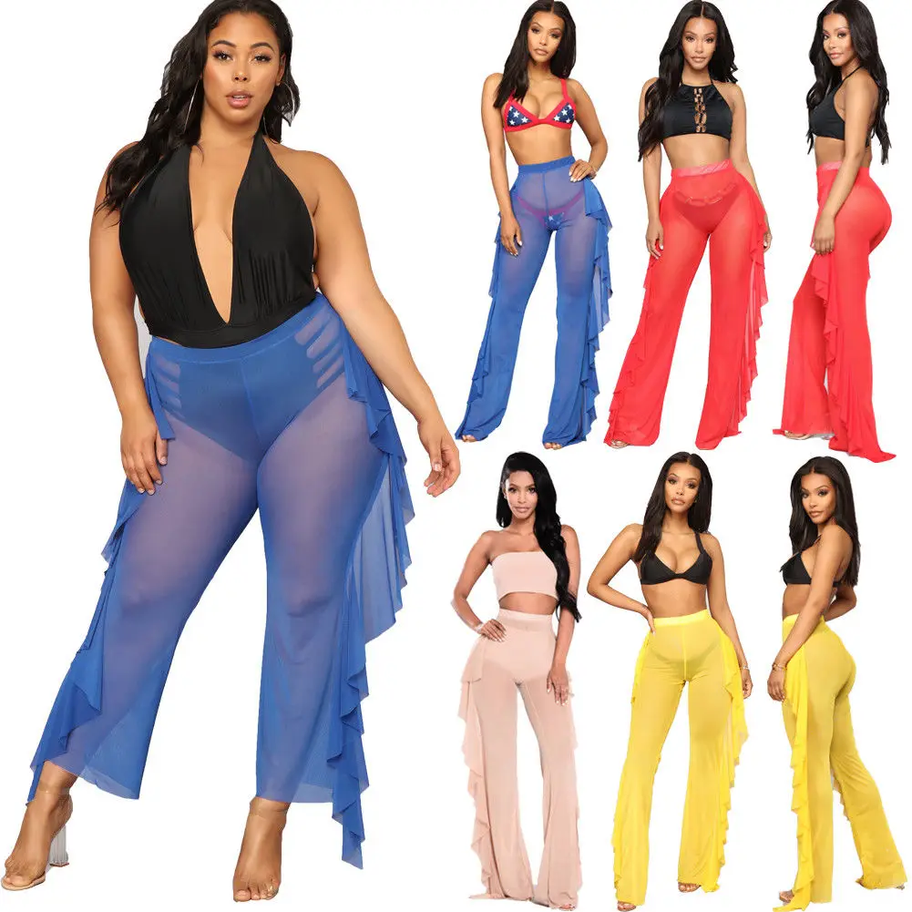 Летние женские пляжные сетчатые прозрачные бикини с оборками купальные штаны