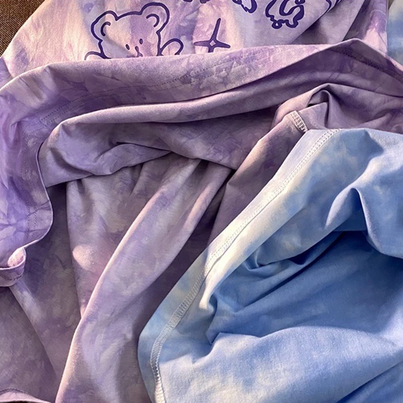 

Cotton Cute Bear T-shirt Streetwear Summer Oversized T Shirt Women Harajuku Short Sleeves Tops Tee Hip Hop Tie Dyed Tshirt Funny