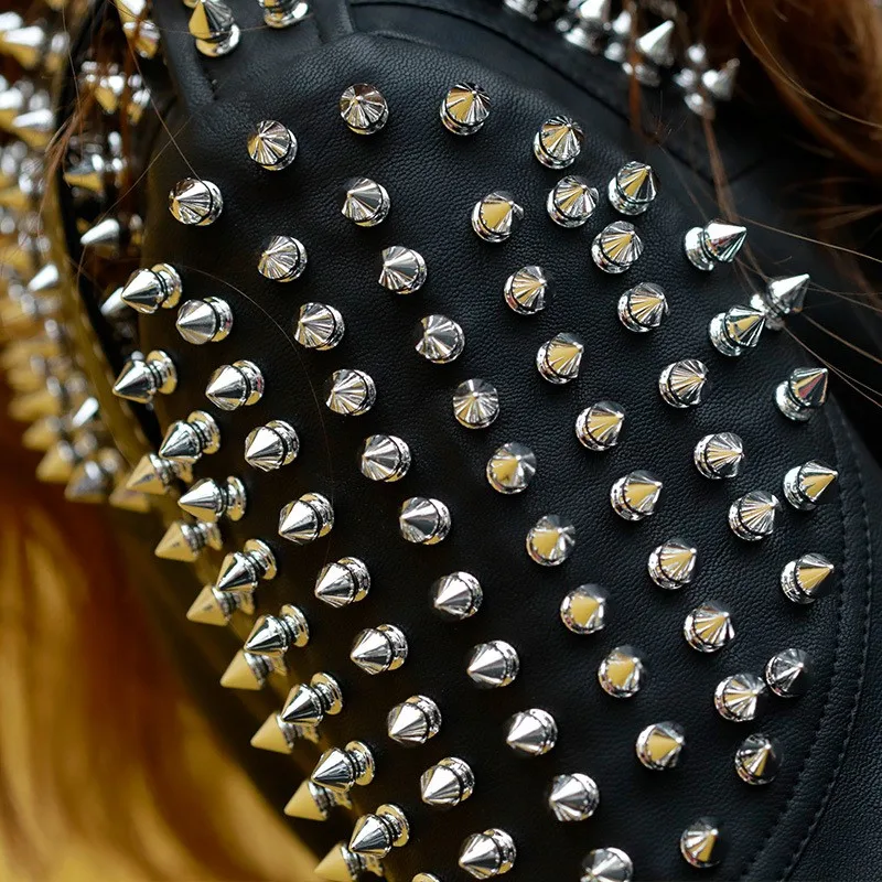 

Punk Style Spring Brand New Womens Rivet Faux Leather Jackets Long Sleeve Lapel Zipper Slim Fit Female Outerwear Short Coats