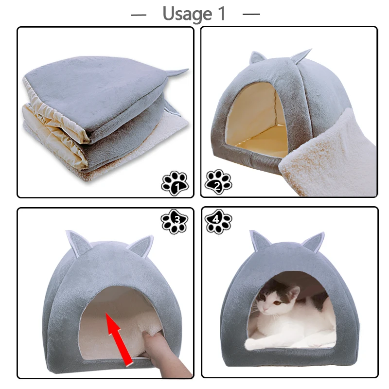 2-in-1 Foldable Cat Bed Kitten Cage Nest Indoor Puppy Cave House With Removable Mat Dog Kennel Doggie Sleeping Bag Washable | Дом и сад