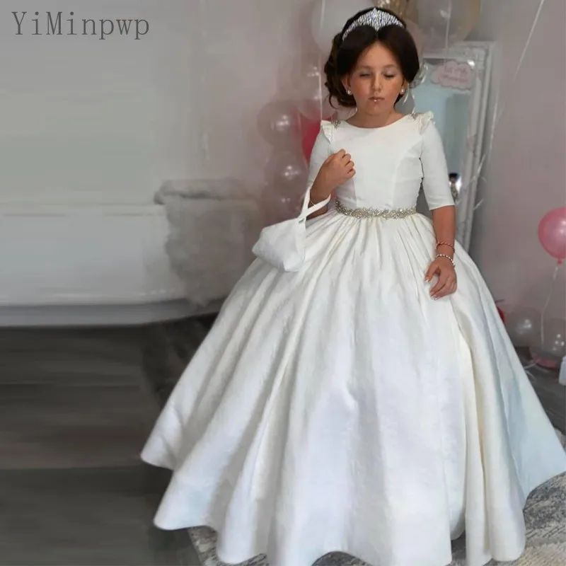 

White Ball Gown Flower Girl Dresses O Neck Hollow Back Lace up Back Sash Beads Kids Birthday Party Gowns First Communion Dress