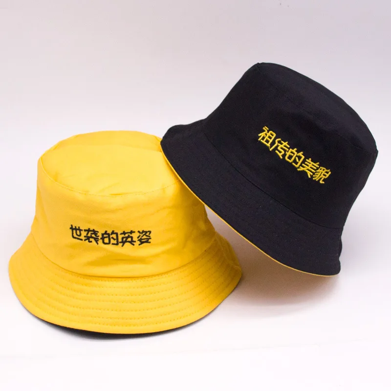Double-sided Fisherman Hat Men and Women Spring Summer Korean Harajuku Chinese Embroidery Tide Sun Visor Basin | Аксессуары для