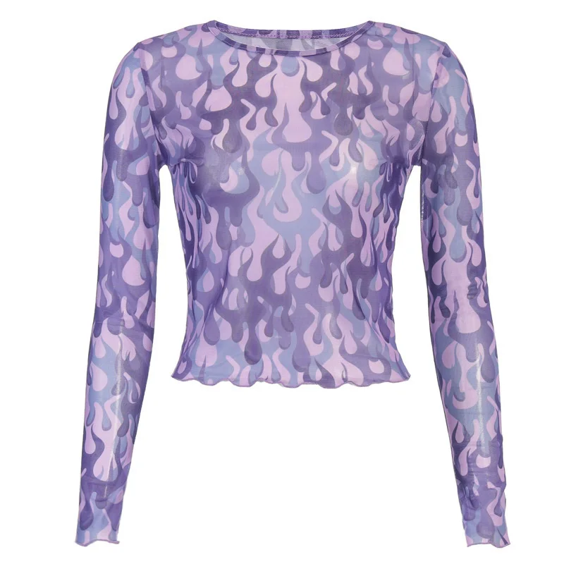 

Fashion Streetwear Flame Print Mesh Top Long Sleeve T-Shirt Women Clothes