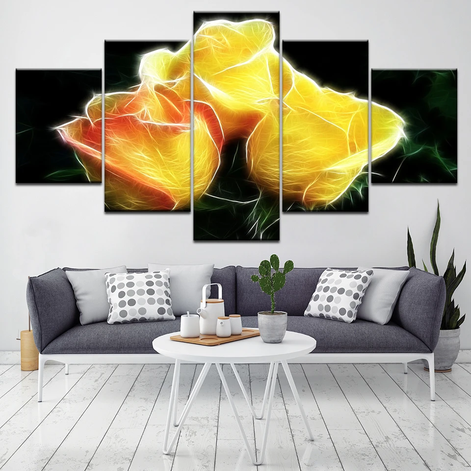 Abstract Yellow Flowers 5 Piece Canvas Wallpapers Modern Poster Modular Art Painting for Living Room Home Decor | Дом и сад