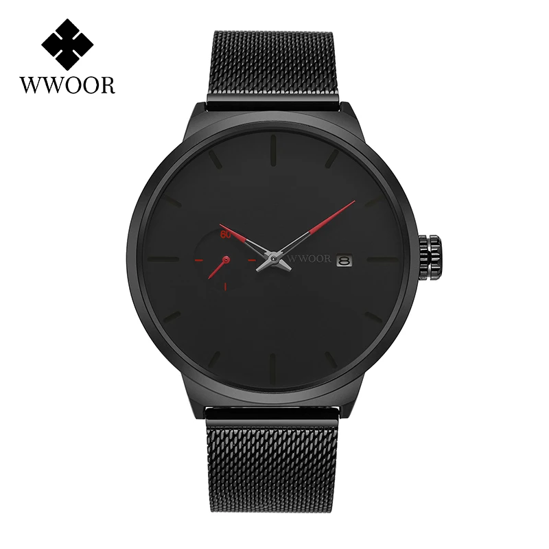 WWOOR New Fashion Black Watch For Men Top Brand Stainless Steel Quartz Wrist Watch Men Minimalism Casual Clock Relogio Masculino