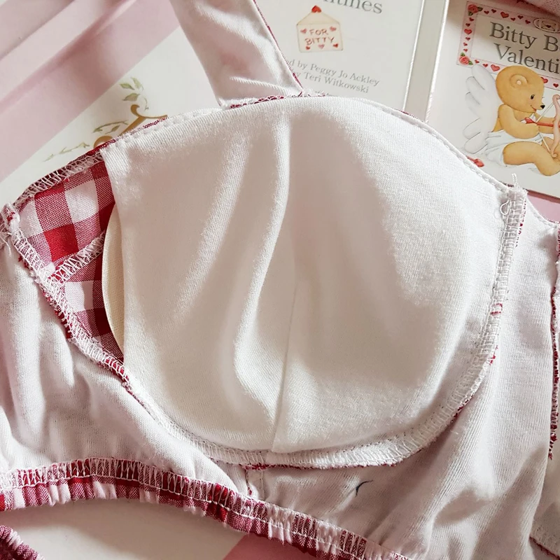 French Vintage Small Fresh Red Green Plaid Button Strapless Underwear Set Mori Girl Sexy Lolita Princess Bra & Brief Sets