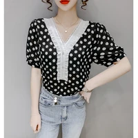 summer womens blouse polka dot print top lace v neck short sleeve shirt blusas mujer de moda 2021 verano