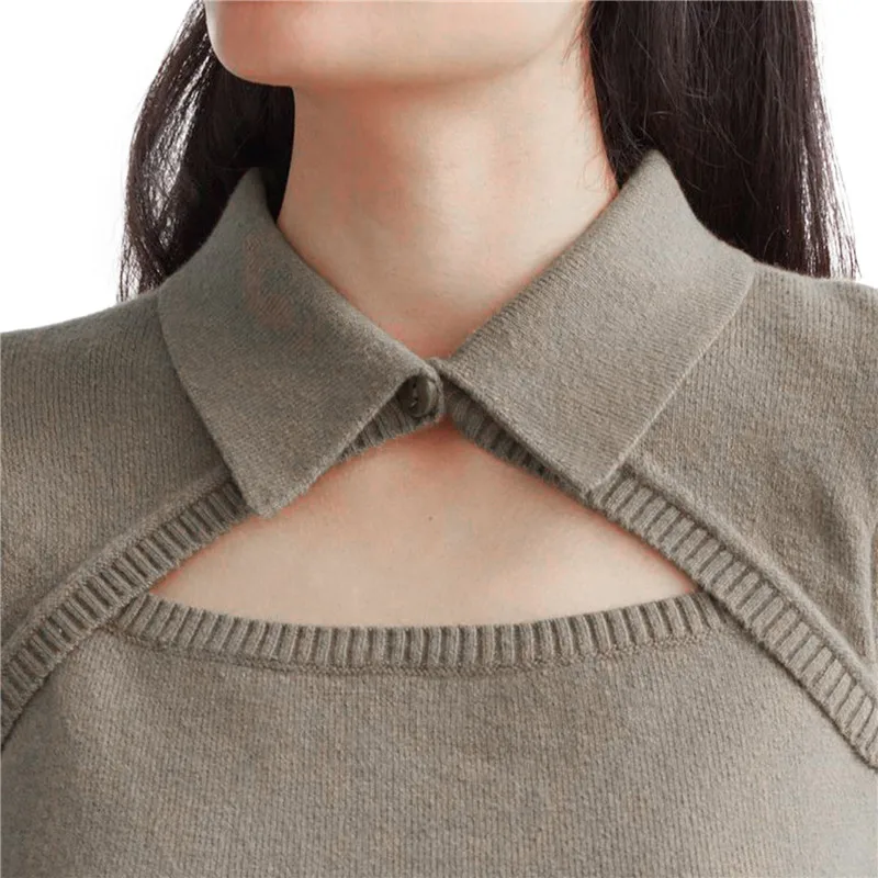 

Women\u2019s Casual Long-sleeved Knitwear Autumn Solid Color Hollow out Lapel Pullover Sweater