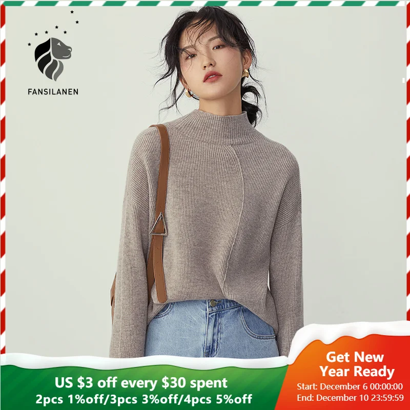 

Свитер женский кашемировый fansilеним, вязаный, с длинным рукавом, в стиле оверсайз, 100% шерсть