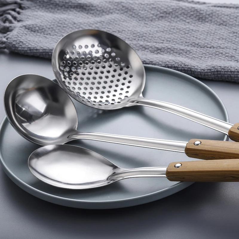 

Kitchen Utensils Stainless Steel Spatula Spoon Frying Shovel Colander Anti-scalding Wood Grain Handle Kitchen Cooking Set