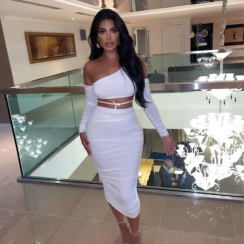 

women's clothing 2021 new solid color urban leisure lace up irregular breast Wrap Skirt two piece Set women Free shipping