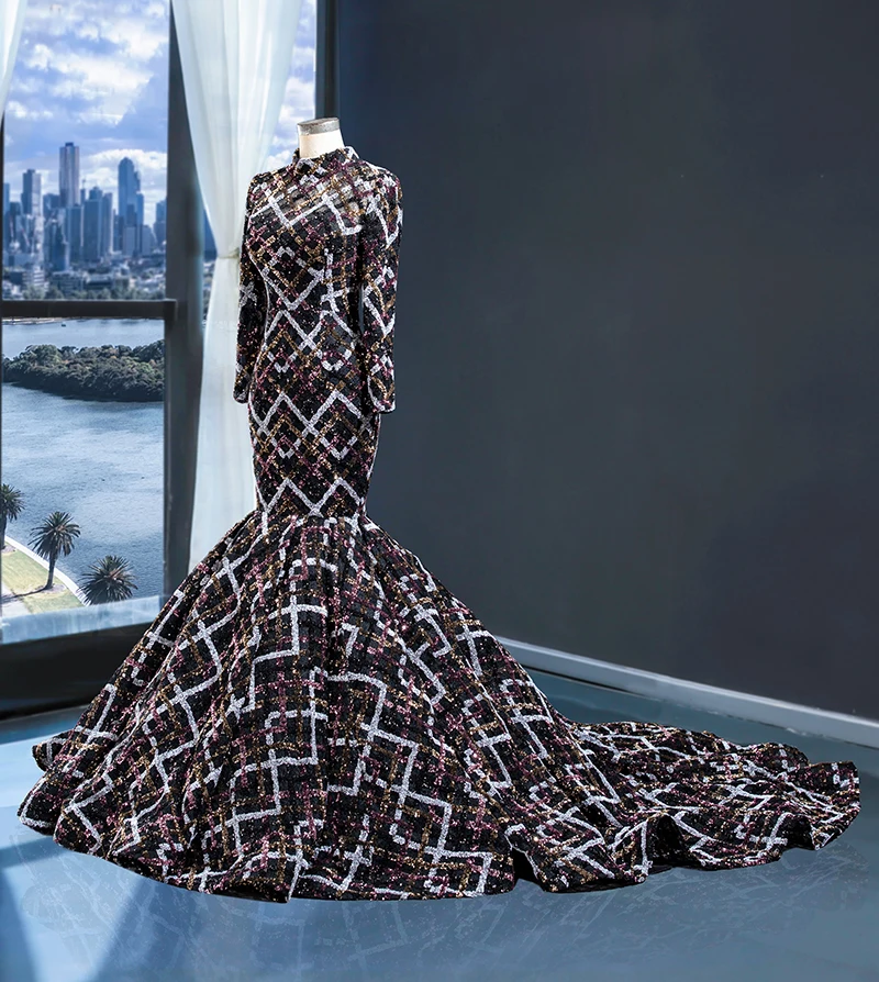 J67018 jancember mermaid evening dress with lace high neck floor length ruched pleat pattern party long dress robe longue soiree