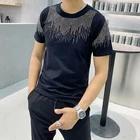 Мужская футболка с бриллиантами и кисточками, уличная футболка с коротким рукавом, мужские летние футболки высокого качества, облегающая Повседневная футболка с круглым вырезом, Homme