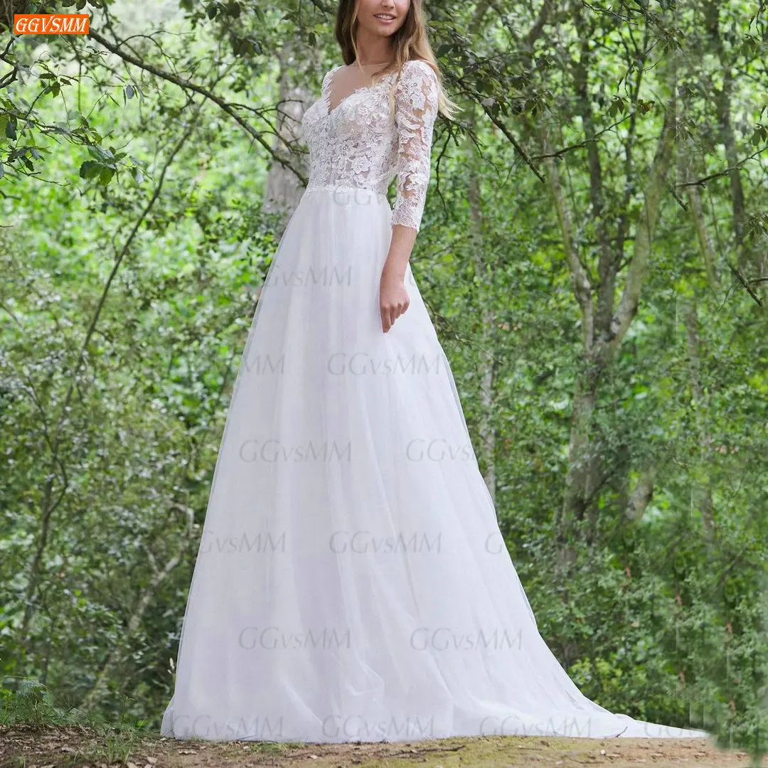 

Белое свадебное платье в стиле бохо 2021 ТРАПЕЦИЕВИДНОЕ ПЛАТЬЕ Vestido De Novia с кружевной аппликацией, фатиновые Свадебные платья для женщин, рука...