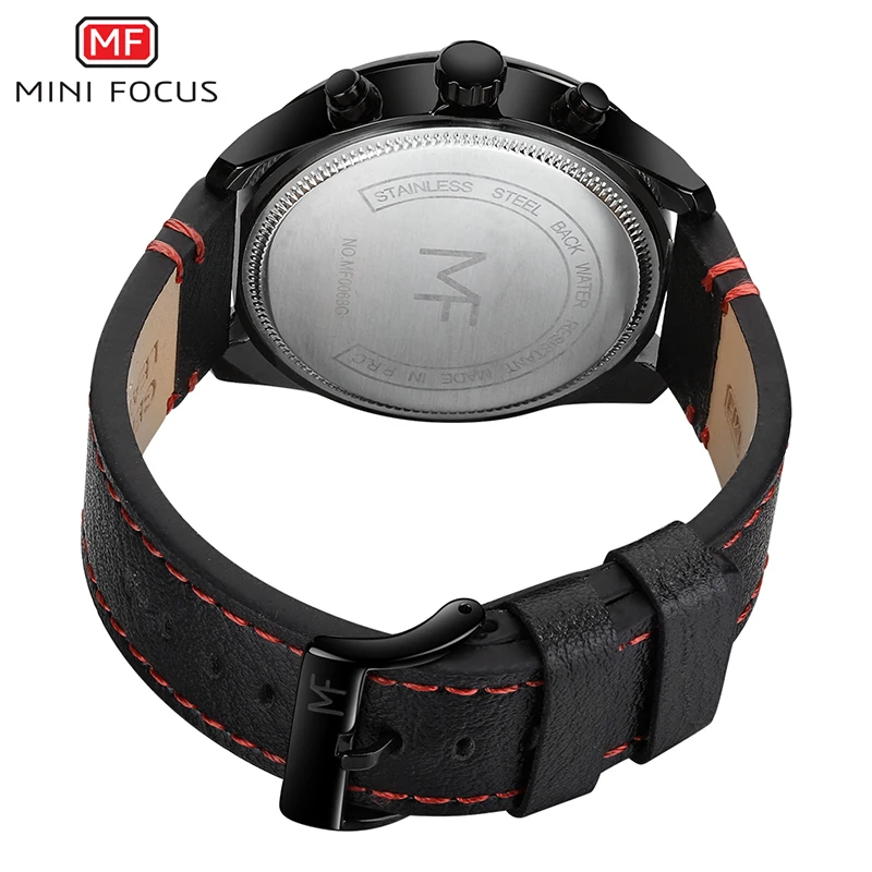 MINI FOCUS Luxury Brand New Leather Strap Quartz Chronograph Waterproof Sport Time Mens Casual Big Wristwatch Male Clock Black 