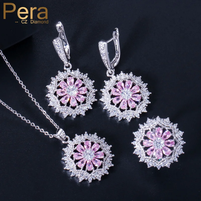 

Pera Sweet Snowflake Shape Pink Cubic Zirconia Jewelry Set for Women Fashion CZ Pendant Necklace and Earrings Ring Sets J160