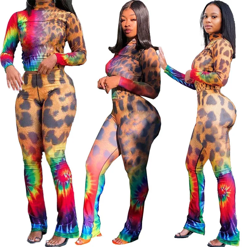 

Women Leopard Print Suit 2020 Autumn New Style Round Neck Long Sleeve Tie-dye Tops Trousers Sexy Two Piece Set
