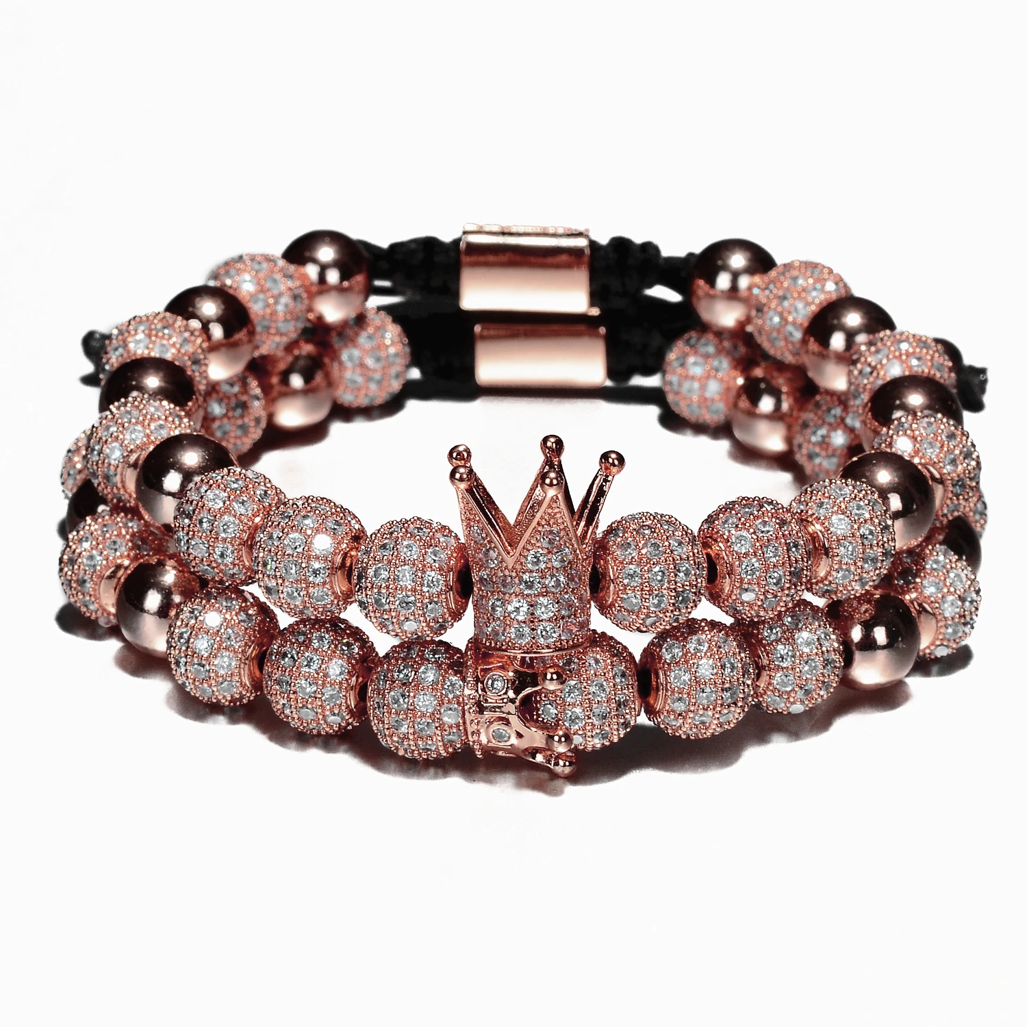 Rose Gold Crown Set Роскошные браслеты мужские 8 мм Micro Pave CZ круглый плетеный макраме браслет Pulseira Feminina ювелирные изделия ручной работы для женщин подарок - Окраска металла: Rose Gold Crown Set