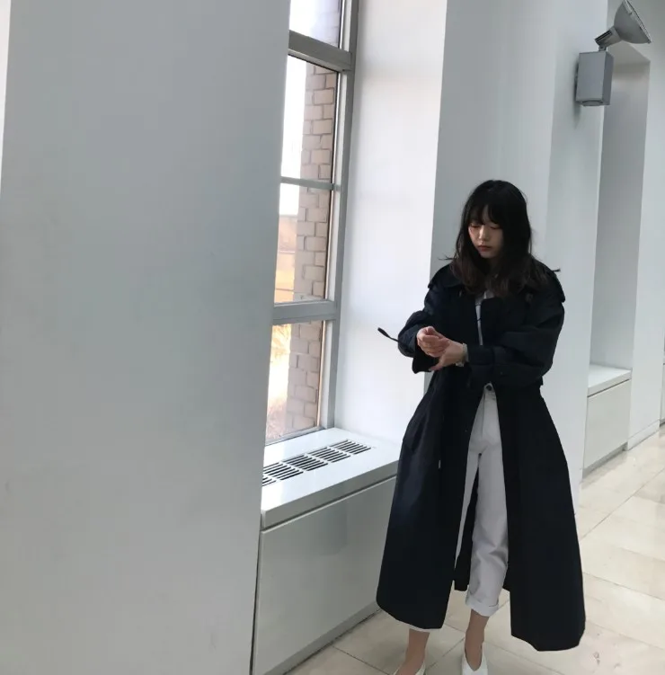 dark blue Двубортный длинный плащ женский хаки тонкий плащ с поясом Женская ветровка размера плюс - Цвет: dark blue