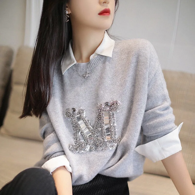 

Свитер женский шерстяной с буквенным принтом, шикарный хлопковый Повседневный Свободный пуловер, осень