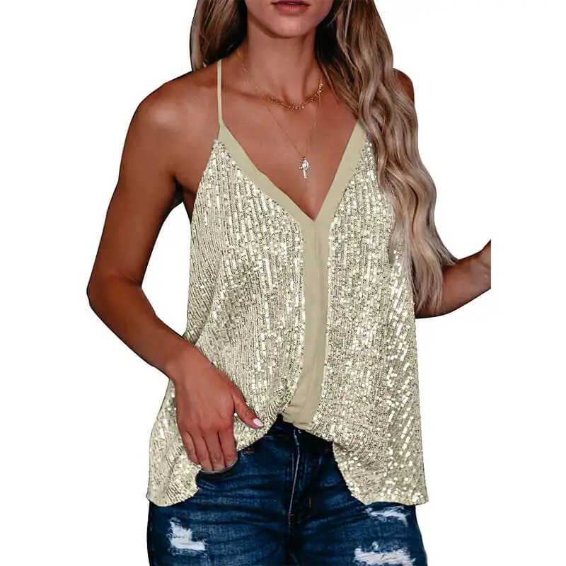 

Women's Tank Top Y2K Sexy Solid Color V Neck Camis Sequin Racerback Loose Tank Tops for Women Female Pulover T-shirt 2021