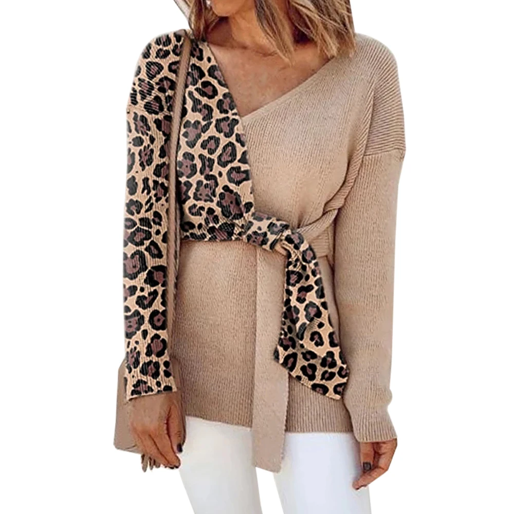 Women Patchwork Blouse Sweater Long Sleeve Bandage Baggy V Neck Loose Boho Ladies Two Tone Leopard Shirt Tops 2019 New | Женская одежда