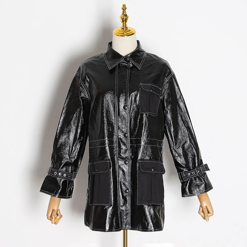 Повседневные женские Куртки из искусственной кожи воротник с лацканами длинный