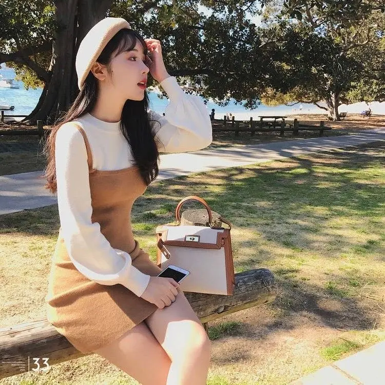 Одежда Woherb Fashion для женщин - фальшдва части, аппликация, вязаное платье, шикарное корейское платье-бодикон, женские осенне-весенние платья Stretch Vestidos.