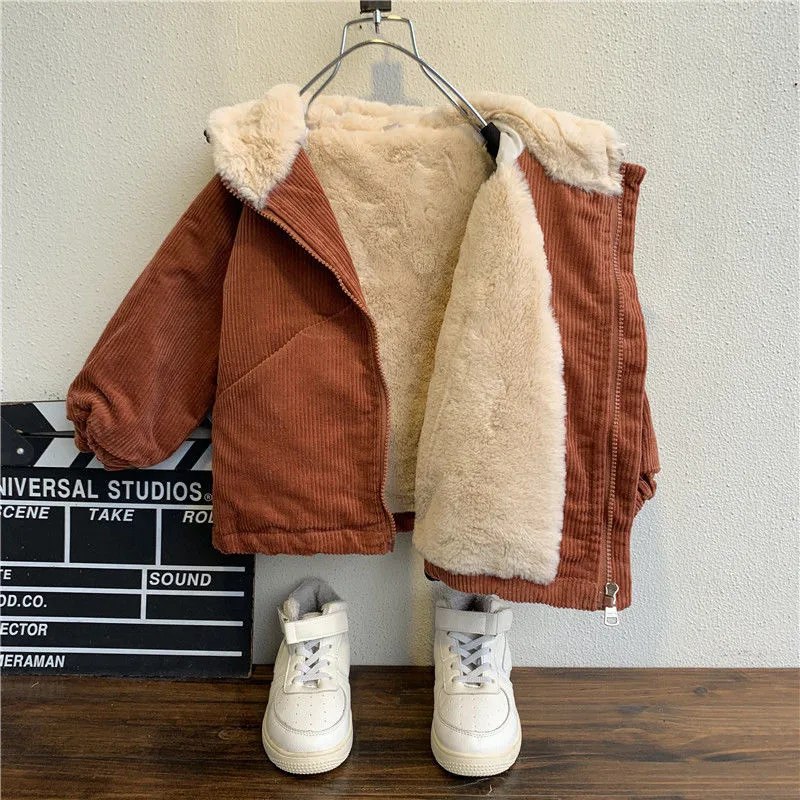 

Winter Boy Girls Corduroy Leather Jackets Thick Warm Children Coats Kids Teenager High Quality Plus Velvet Inside Fur Solid Colo