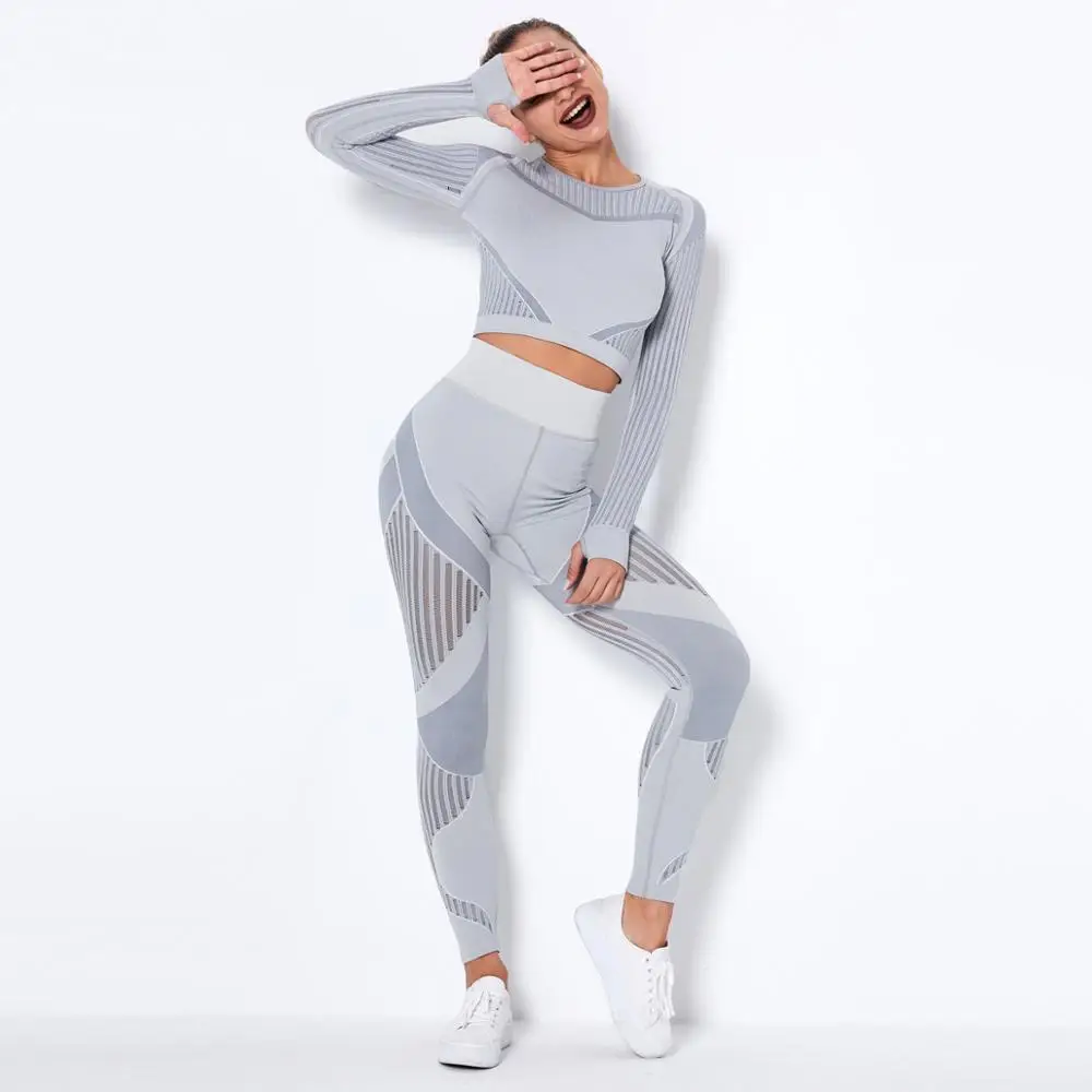 

Autumn Seamless Yoga Set Women Gym Clothes Long Sleeve Crop Top Hollow Out Leggings Tracksuit Workout Sports Fitness 2 Piece